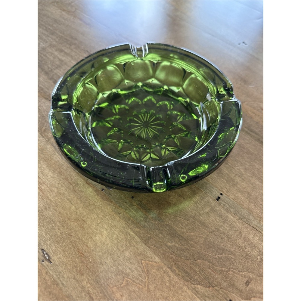 Vtg Green Glass Ashtray Heavy Emerald Starbust Teardrop Glass 6"
